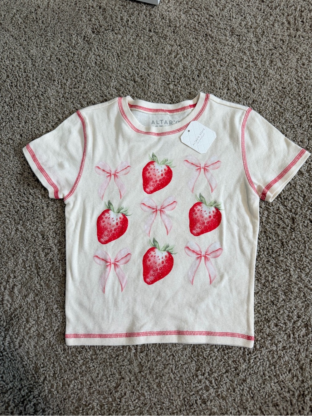 Altar'd State Cream Tee with Pink Strawberry and Bow Motif